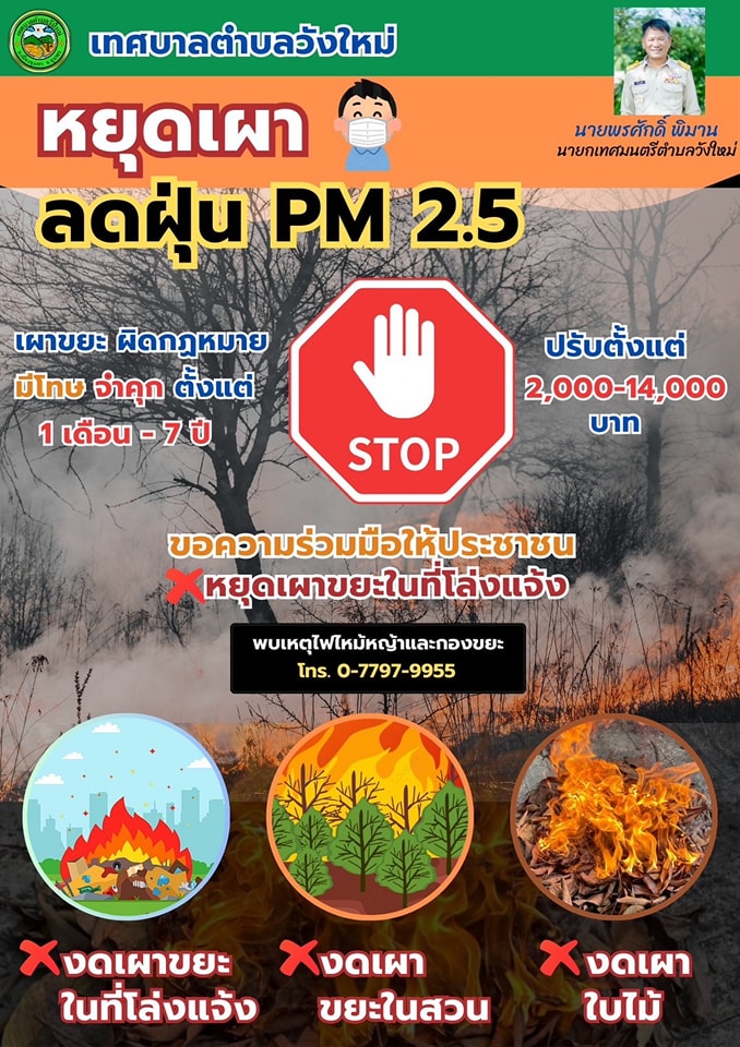 # ประกาศข่าวประชาสัมพันธ์
🚨"หยุดเผาหน้าแล้ง"❗❗❗
🌏 ร่วมลดภาวะโลกร้อนและ PM2.5 ด้วยการเลิกเผาในหน้าแล้ง 
#งดเผาในที่โล่งแจ้ง 
#งดเผาใบไม้
 #งดเผาขยะ ป้องกันการเกิดอัคคีภัย ก่อให้เกิดฝุ่นละอองขนาดเล็ก PM2.5 ร่วมกันแก้ไขปัญหามลพิษทางอากาศ เพื่อสุขภาพที่ดีของชาววังใหม่
♥️ ด้วยความปรารถนาดีจาก นายพรศักดิ์ พิมาน นายกเทศบาลตำบลวังใหม่  
#หยุดเผา #ลดPM25 #เพื่อสุขภาพที่ดี